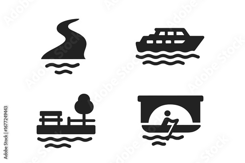 River travel and leisure solid icon set. Vector glyphs of tour boat, river embankment, bridge arch, and rowing. Water transport, tourism, and recreation symbols collection.