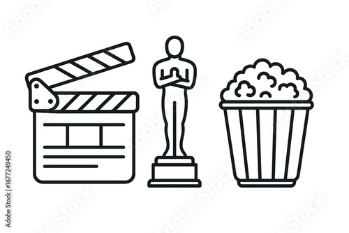 Cinema and movie line icon set. Film industry and entertainment vector symbols. Includes film clapperboard, award ceremony trophy and popcorn. Hollywood production concept.