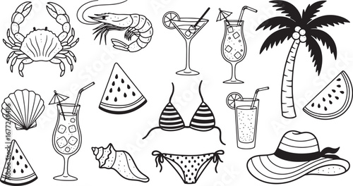 Summer Beach Vacation Icons - Tropical Drinks, Seafood, Swimwear and Hat Graphics