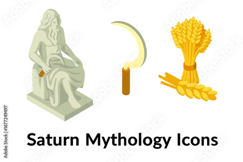 Saturn mythology icon set. Roman god of agriculture and harvest. Isometric vector illustration with statue, sickle, and wheat sheaf. Ancient deity and mythological symbolism.