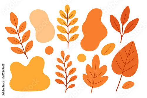 Stylish vector flat illustration of leafy plants and abstract organic shapes in warm autumn colors, modern decorative botanical elements for design and backgrounds, transparent vector cartoon