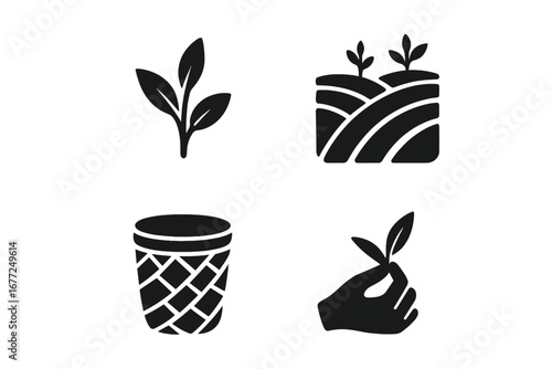 Tea harvest icons set. Solid glyph style symbols for tea growing and production. Vector collection with tea leaf, plantation field, harvest basket, hand picking leaves.