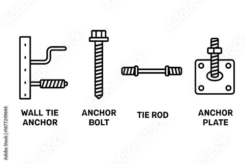 Scaffold system icons. Outline icon set of scaffold anchor and tie systems. Wall tie anchor, anchor bolt, tie rod, anchor plate. Vector construction hardware illustration.