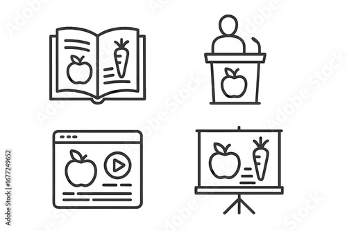 Nutrition education outline icon set. Healthy food and diet course learning resources. Vector symbols for nutritionist: book, lecture podium, video tutorial, presentation screen.