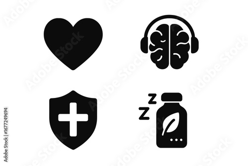 Health and wellness solid glyph icon set. Vector symbols for heart health, calm mind, immune system protection, and sleep aid. Medical and healthy lifestyle pictograms.
