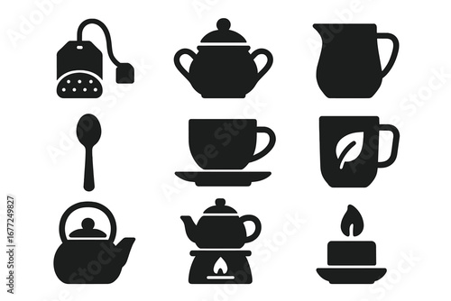 Tea icons collection solid glyph set. Vector silhouette graphics of tea ceremony accessories. Teapot, cup, mug, kettle, sugar bowl, milk jug, infuser and spoon symbols.