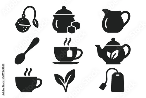 Tea and coffee icons set. Solid glyph collection of hot drink accessories. Vector symbols for cafe menu, teapot, cup, sugar, milk jug, tea bag, infuser, spoon and leaf.