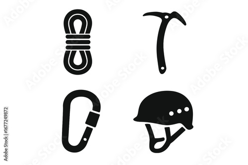 Mountain climbing gear icon set. Solid glyph collection of mountaineering equipment: climbing rope, ice axe, carabiner, safety helmet. Alpinism & adventure vector silhouette.