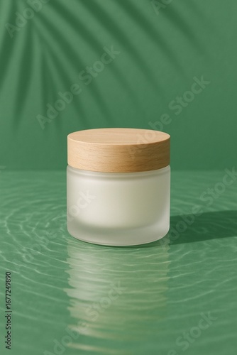 Mockup jar kosmetik kaca dengan tutup kayu di latar belakang hijau.