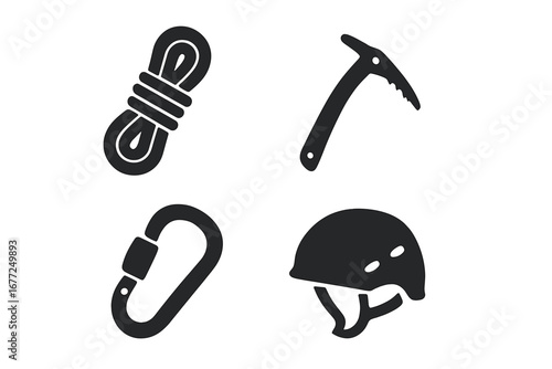 Mountain climbing gear icon set. Solid glyph symbols of mountaineering equipment. Vector collection with rope, ice axe, carabiner, helmet for alpinism, hiking and safety.