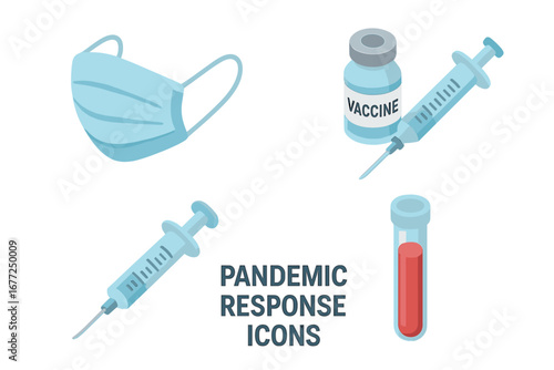 Isometric pandemic response icons. Medical vector set with face mask, vaccine vial and syringe. Vaccination, injection, blood test tube. Healthcare and virus protection concept.