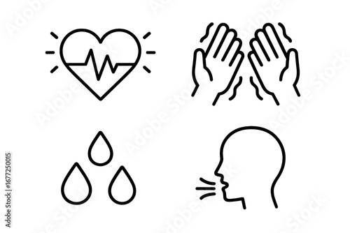 Panic attack symptoms icon set. Outline vector icons for anxiety and stress indicators like pounding heart, trembling hands, sweating, and rapid breathing. Mental health concept.