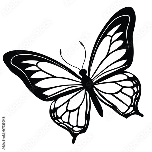 Black silhouette of a butterfly with patterned wings on a white background Keywords: butterfly, insect
