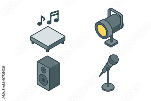 Live performance icon set in isometric style. Concert and show elements with stage, microphone, spotlight, and speaker. Music event and festival sound equipment vector illustration.