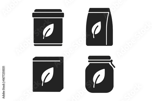 Tea packaging and storage icon set. Solid glyph vector icons of tea tin, paper pouch, box, and airtight jar. Natural organic product container symbols for branding.