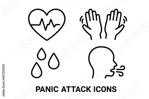 Panic attack symptoms icon set. Line icons for anxiety, stress, phobia, fear. Mental health concept. Heart palpitation, trembling hands, sweating, hyperventilation signs.