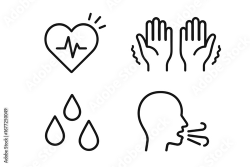 Panic attack symptoms icon set. Line icons for anxiety and stress. Pounding heart, trembling hands, sweating, hyperventilation. Mental health disorder vector pictogram collection.