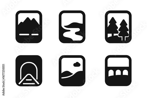 Train travel icon set. Scenic journey pictograms. Views from a window: mountains, river, forest, tunnel, bridge, countryside. Solid glyphs for railway transport concept.