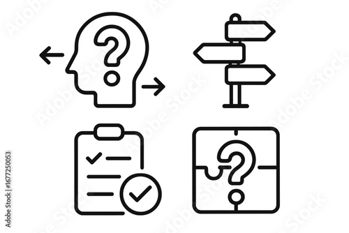 Set of icons for business concepts. Decision making, problem solving, direction, and strategy. Head with question mark, signpost, checklist, puzzle piece. Line art vector.