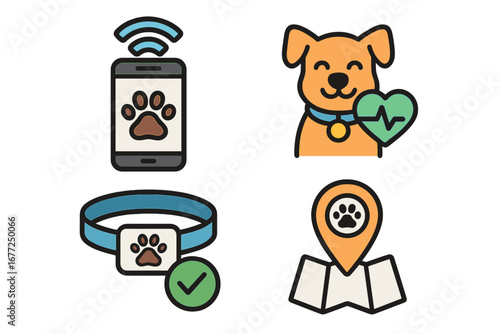 Vector icons of pet technology and wellness solutions for health monitoring, GPS tracking, smart collars, and pet care, cartoon style with transparent background