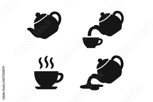 Tea pouring icon set. Solid silhouette vector graphics. Icons illustrate pouring a hot beverage from a teapot into a cup, a steaming mug, and an accidental spill.