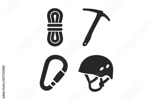 Mountain climbing gear icon set. Solid glyph icons of outdoor adventure equipment: climbing rope, ice axe, carabiner, safety helmet. Vector for alpinism and hiking concepts.