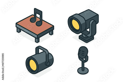 Live performance icon set with stage, spotlights, and microphone. Isometric vector illustration for music concert, show, event, or festival design. Flat icons on a platform.