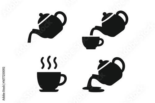 Tea pouring vector icon set. Solid black silhouette graphics of teapot pouring hot beverage into a cup, steaming mug, and spilling liquid. Concept for cafe, tea time, drink.