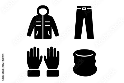 Off-piste ski gear solid icons. Winter sports apparel glyphs. Vector set for skiing, snowboarding clothes: insulated jacket, pants, gloves, and neck gaiter illustration.