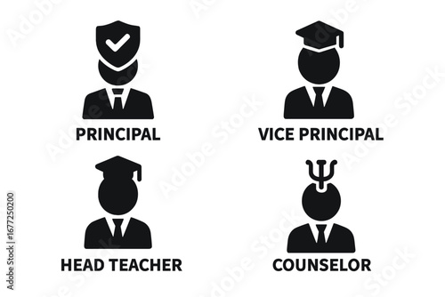 School leadership icon set with solid glyphs for principal, vice principal, head teacher, and counselor. Education administration symbols. Academic staff and management vector.