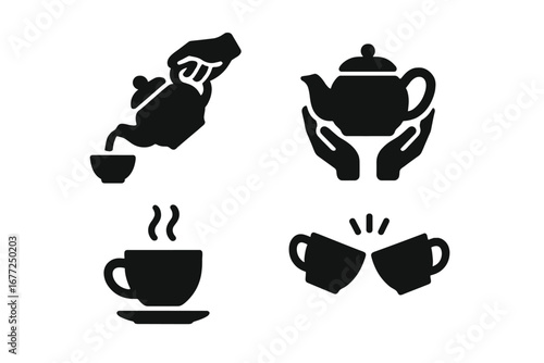 Tea ritual solid glyph icon set. Tea ceremony, pouring hot drink, hands with teapot, clinking cups. Beverage service and tea time moments vector silhouette illustrations.