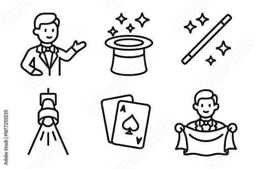 Magic show icon set. Magician and illusionist performance elements. Line art vector icons of top hat, magic wand, playing cards, and spotlight for entertainment concepts.