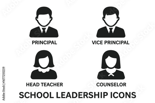 School leadership solid glyph icons set. Principal, vice principal, head teacher, counselor avatars. Education administration staff, faculty, personnel management pictogram.