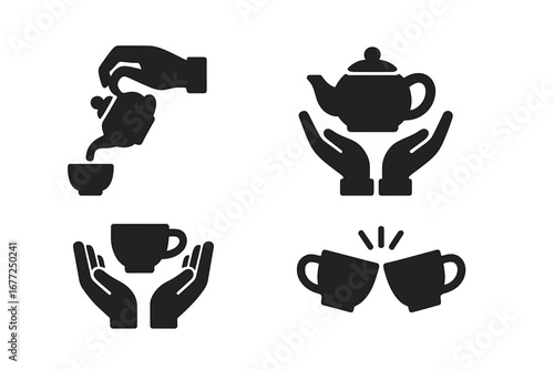 Tea ceremony solid icon set. Vector glyphs showing tea ritual moments. Hand pouring from teapot, holding cup, two mugs clinking. Symbols for hospitality, friendship, beverage.