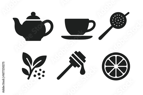 Tea time solid icon set. Vector glyph collection of tea essentials. Teapot, cup, strainer, loose leaf, honey dipper, lemon slice. Simple black silhouette beverage symbols.