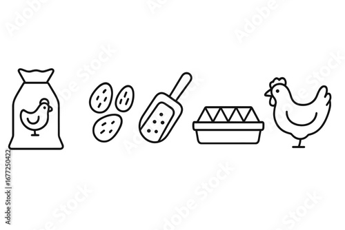 Poultry feeding icons set, outline vector illustrations of chicken feed sack, corn kernels, feed scoop, trough feeder, and chicken silhouette for farm animal care