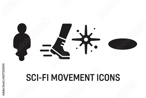Sci-fi movement solid icon set. Vector glyphs of phasing, teleportation silhouette, high-tech boot speed, antimatter burst, shadow portal. Futuristic technology concept symbols.