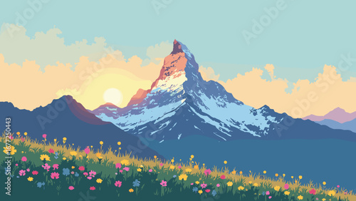 The dramatic Matterhorn peak at golden hour with alpine meadows in bloom, Switzerland