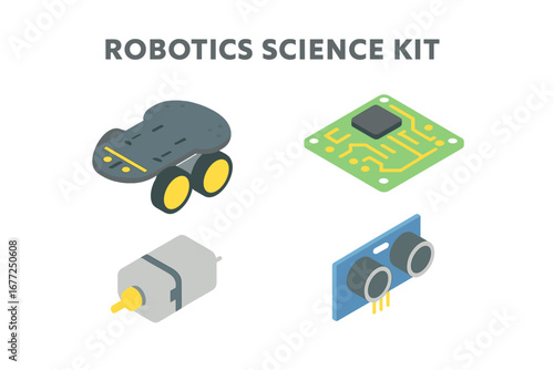 Robotics science kit isometric icon set. STEM education elements like robot chassis, circuit board, DC motor, ultrasonic sensor. DIY electronics engineering vector graphic.