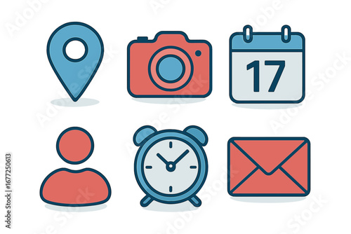 A modern vector icon set for websites and apps, featuring colorful icons and shortcut symbols such as location, calendar, date, time, camera, email, and contact