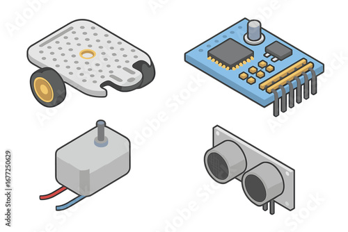 Isometric robotics science kit vector icon set. Features robot chassis, circuit board, DC motor, ultrasonic sensor for DIY electronics and STEM education projects.