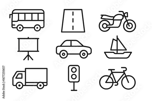 A set of nine line icons—bus, road, moped, train, car, ship, van, cargo, traffic lights, bicycle—designed for shops, stores, ads, apps, and UI, with minimalistic editable strokes