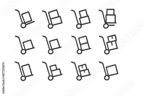 Hand‑drawn silhouette of a pallet jack vector icon set, premium downloadable luggage‑cart logistics delivery icons, minimalist template design elements, thin‑line art of a jack stacked with boxes