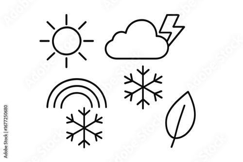A minimalist line‑icon set of weather symbols—including a sun, rainbow, cloud, and snow—designed for app use