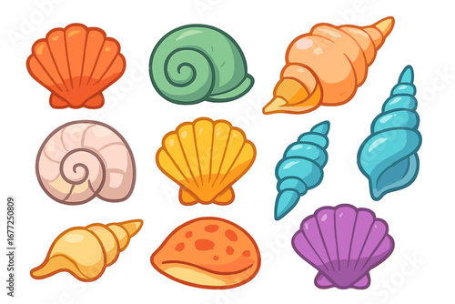 Colorful Seashells Collection in Various Shapes and Textures, Vibrant Vector Cartoon Illustration, Perfect for Beach and Ocean Themes, Transparent Background Design