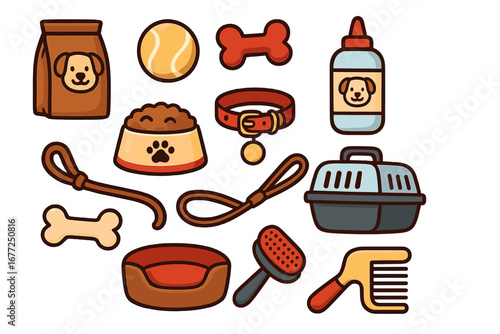 Colorful vector icons of essential pet care items and accessories for dog owners including food, toys, collar, leash, grooming tools, bed, and carrier, cartoon style