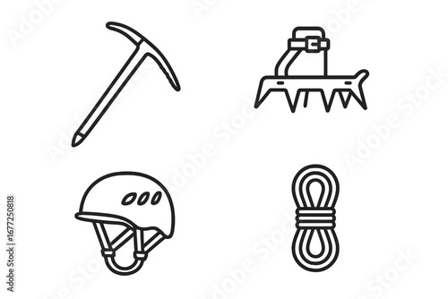 Mountaineering gear outline icon set. Alpinism expedition equipment vector collection. Ice axe, crampon, safety helmet, rope. Winter sport, adventure, climbing concepts.