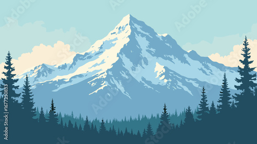 The rugged Denali peak surrounded by misty clouds and boreal forest, Alaska, USA