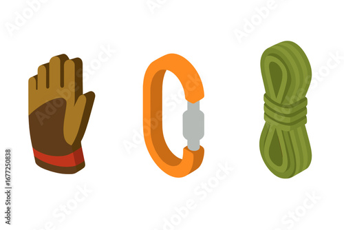Rock climbing gear icon set. Isometric vector illustration of climbing equipment. Glove, locking carabiner, and rope. Outdoor adventure sport and mountaineering safety items.