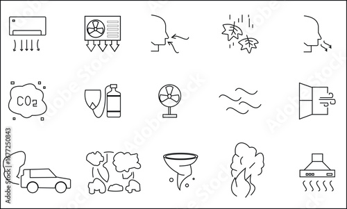 Set of air icons, air condition, heater, dust, purify, fan, wind, blow, oxygen, breathe, CO2, pollution and more. vector illustration.

